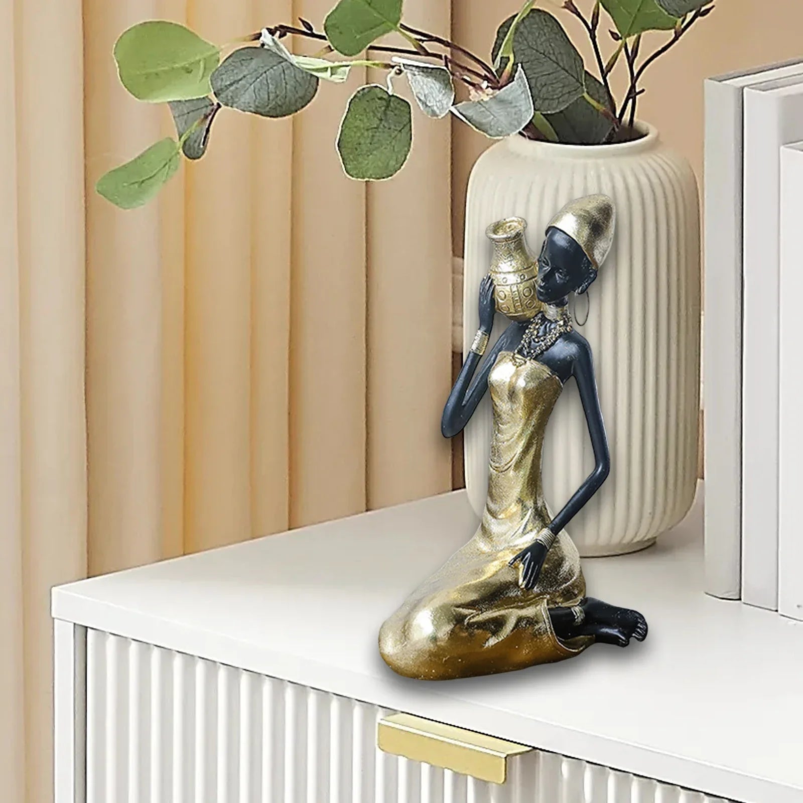 African Figurine Resin Tribal Lady Sculpture Tabletop Ornament for Home Living Room Bookshelf Decoration Desk Storage Tray - House of Avana