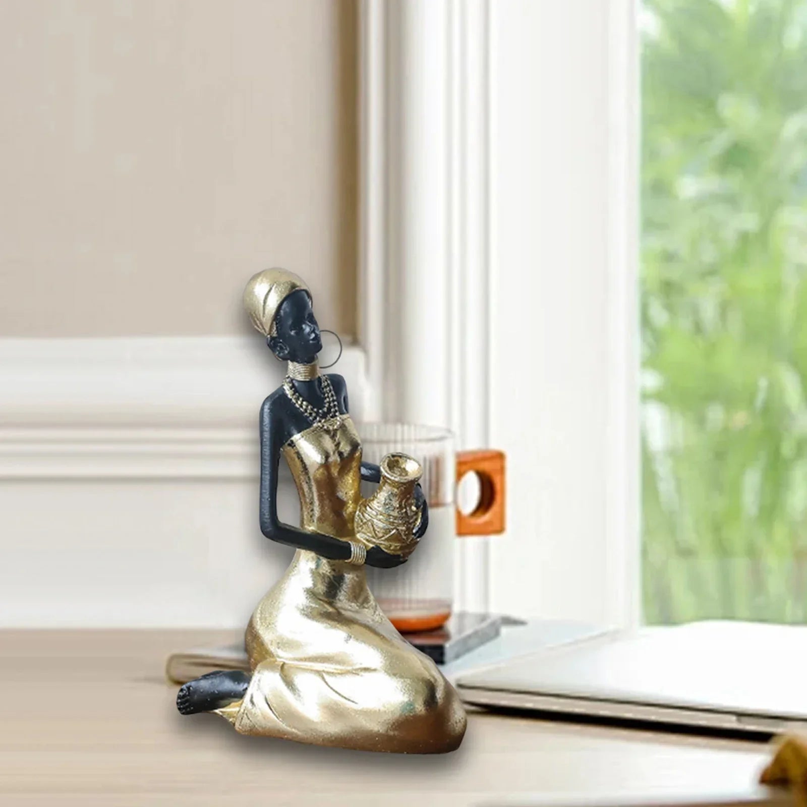 African Figurine Resin Tribal Lady Sculpture Tabletop Ornament for Home Living Room Bookshelf Decoration Desk Storage Tray - House of Avana