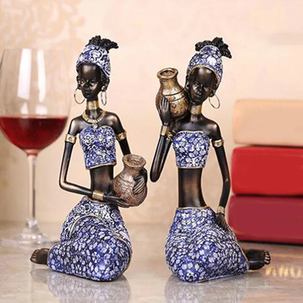 Resin African lady figurines, handpainted brown and black tribal sculptures - House of Avana