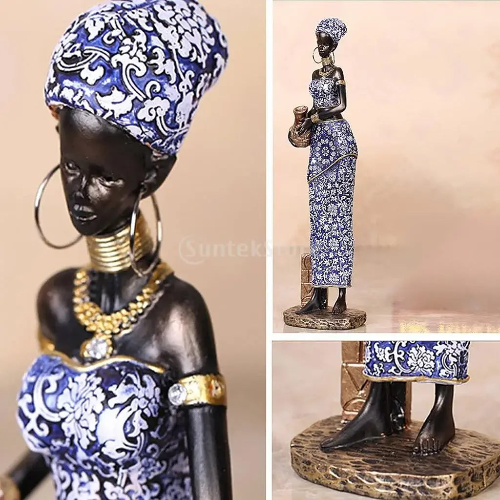 Resin African lady figurines, handpainted brown and black tribal sculptures - House of Avana
