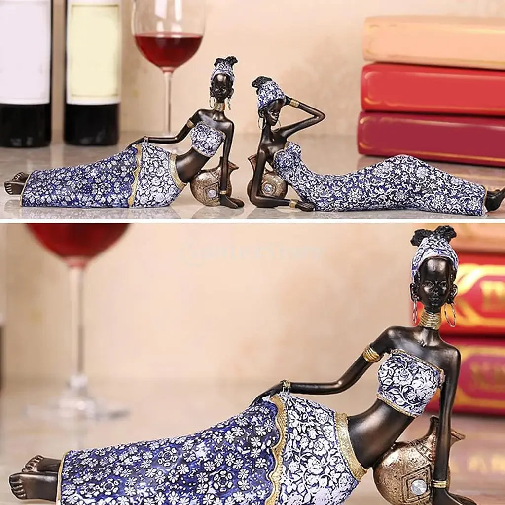 Resin African lady figurines, handpainted brown and black tribal sculptures - House of Avana