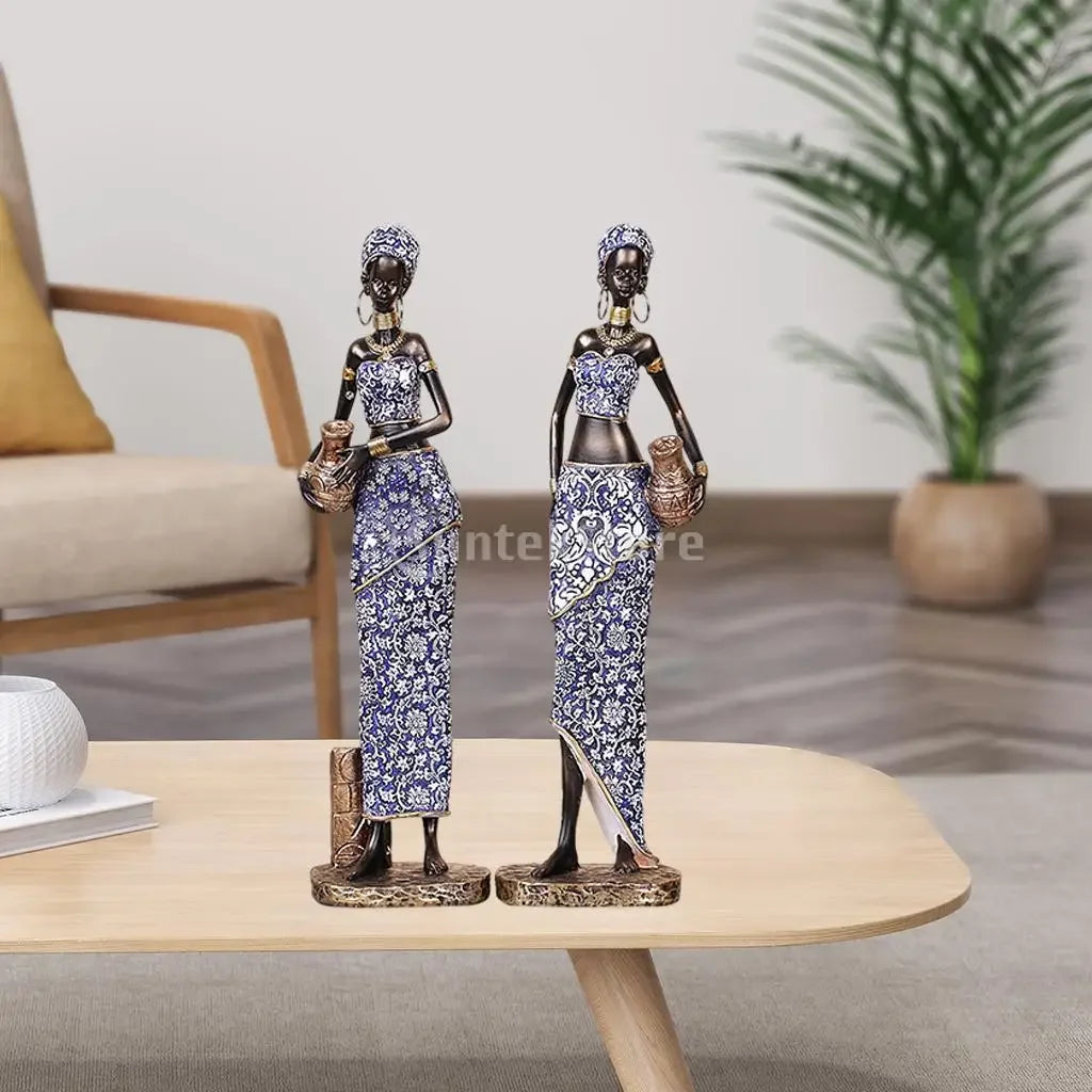 Resin African lady figurines, handpainted brown and black tribal sculptures - House of Avana