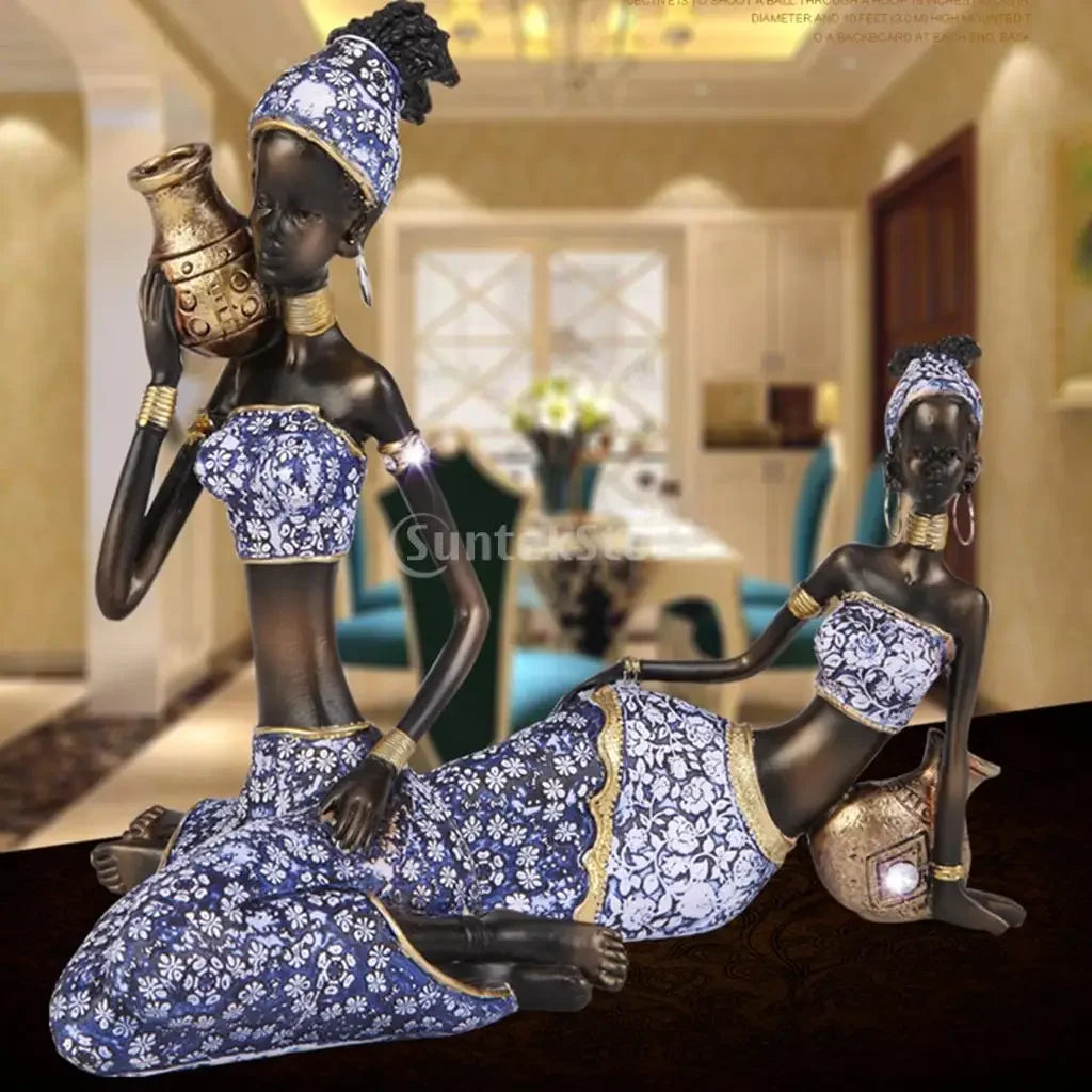 Resin African lady figurines, handpainted brown and black tribal sculptures - House of Avana