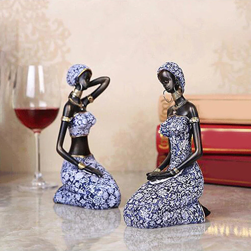 Resin African lady figurines, handpainted brown and black tribal sculptures - House of Avana