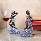 Resin African lady figurines, handpainted brown and black tribal sculptures - House of Avana