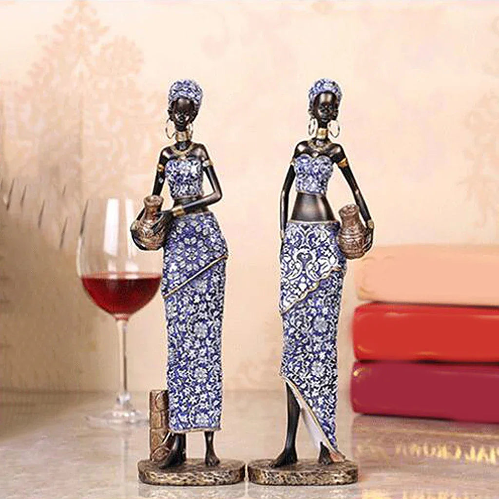 Resin African lady figurines, handpainted brown and black tribal sculptures - House of Avana