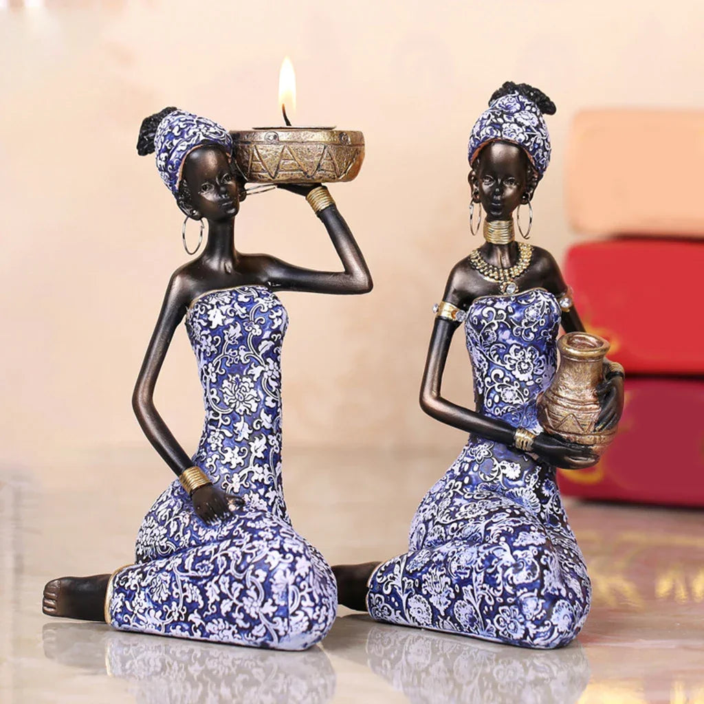 Resin African lady figurines, handpainted brown and black tribal sculptures - House of Avana