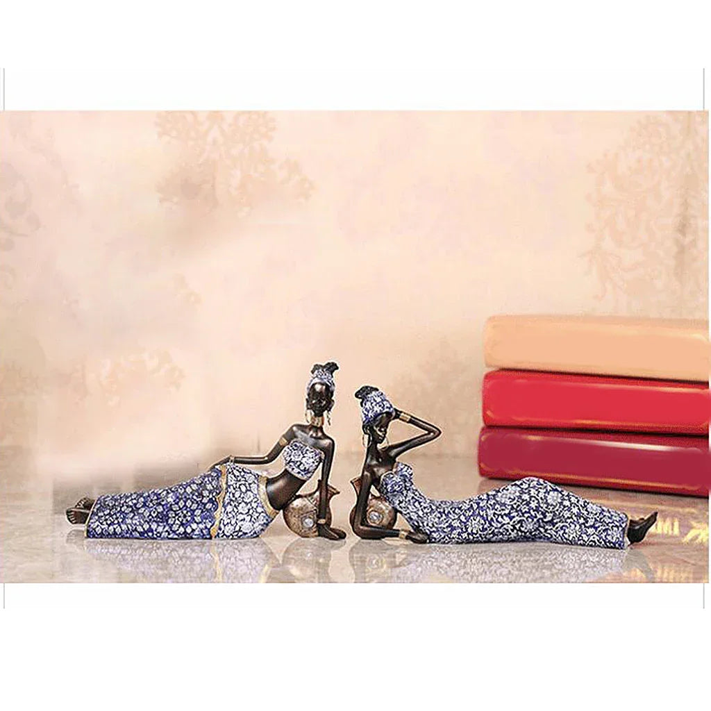 Resin African lady figurines, handpainted brown and black tribal sculptures - House of Avana