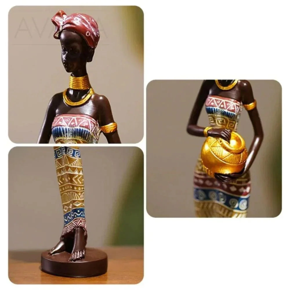 Handcrafted tribal female figurine, wooden décor with intricate carvings - House of Avana