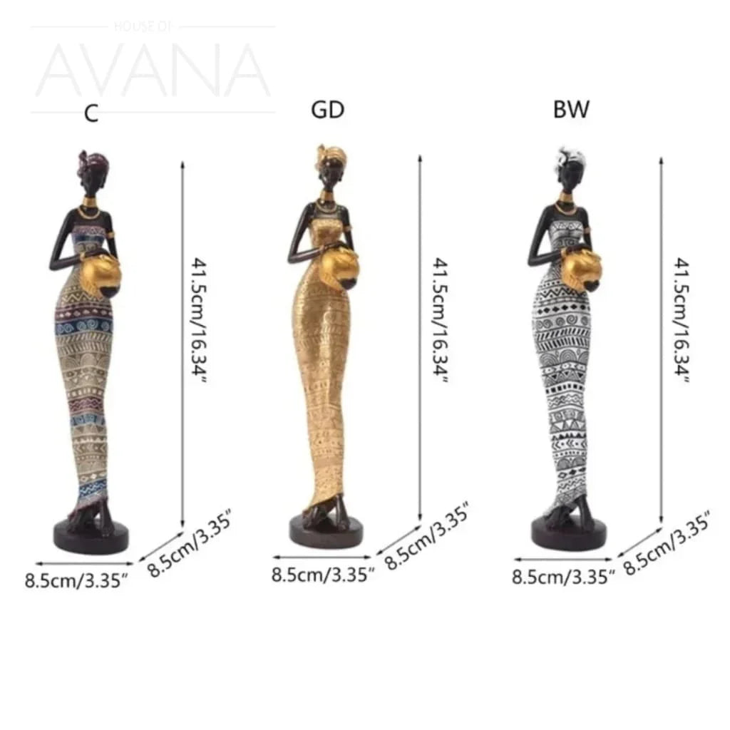 Handcrafted tribal female figurine, wooden décor with intricate carvings - House of Avana
