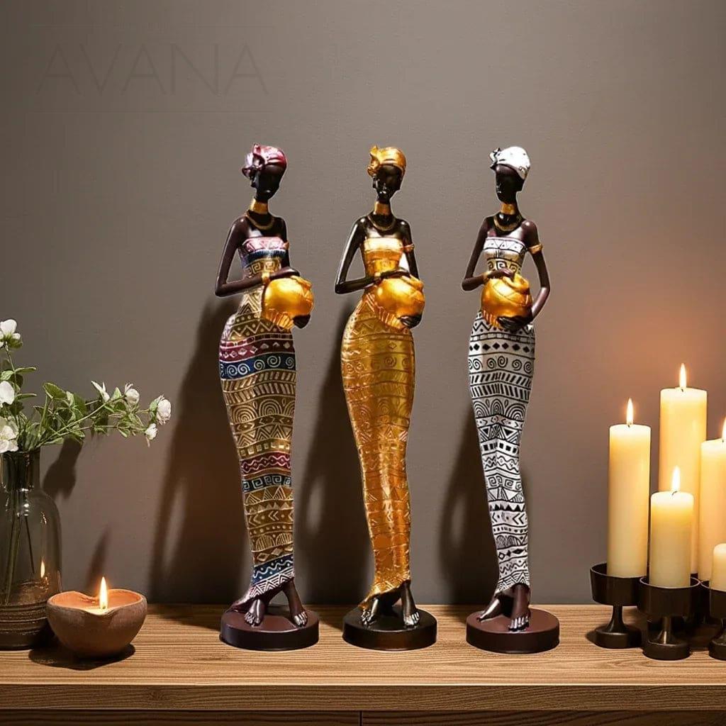 Handcrafted tribal female figurine, wooden décor with intricate carvings - House of Avana