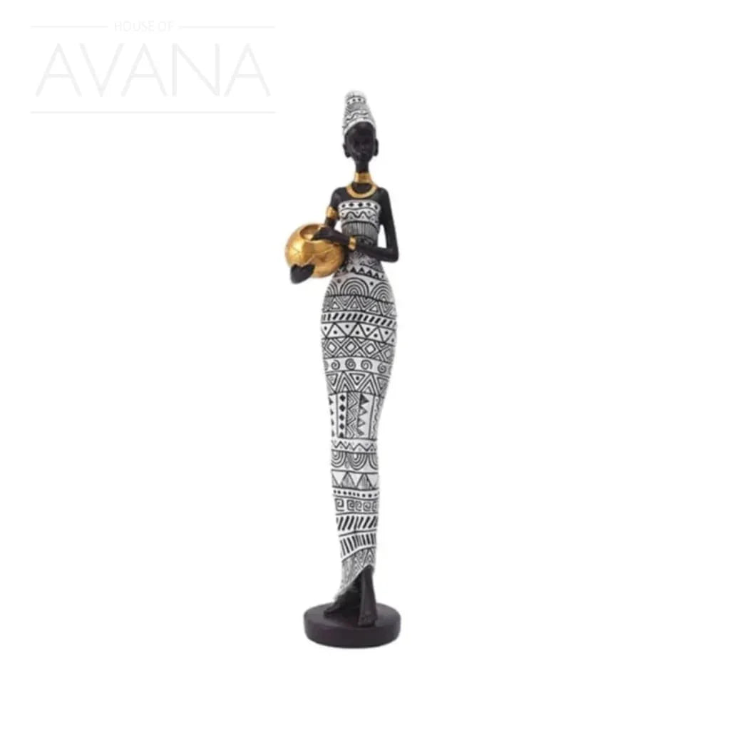 Handcrafted tribal female figurine, wooden décor with intricate carvings - House of Avana