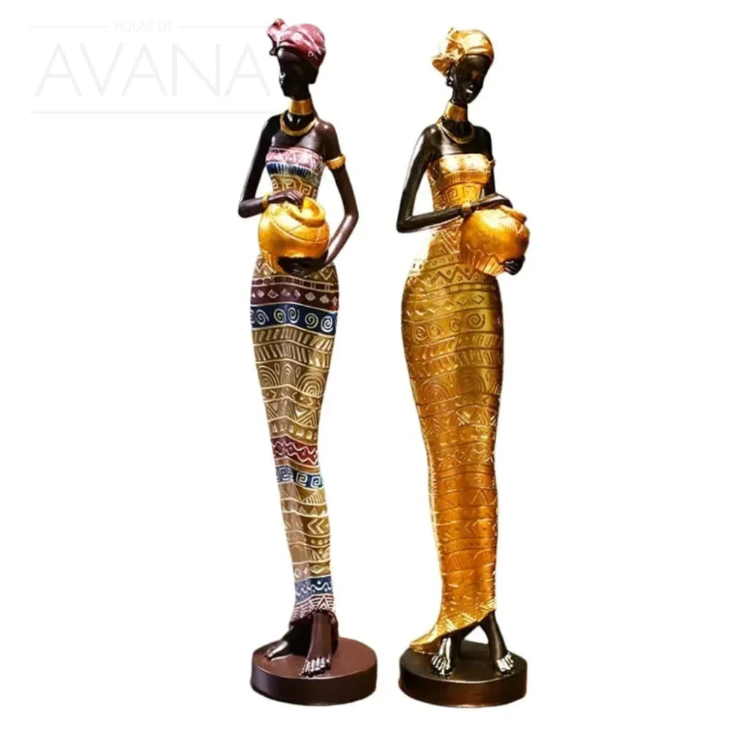 Handcrafted tribal female figurine, wooden décor with intricate carvings - House of Avana