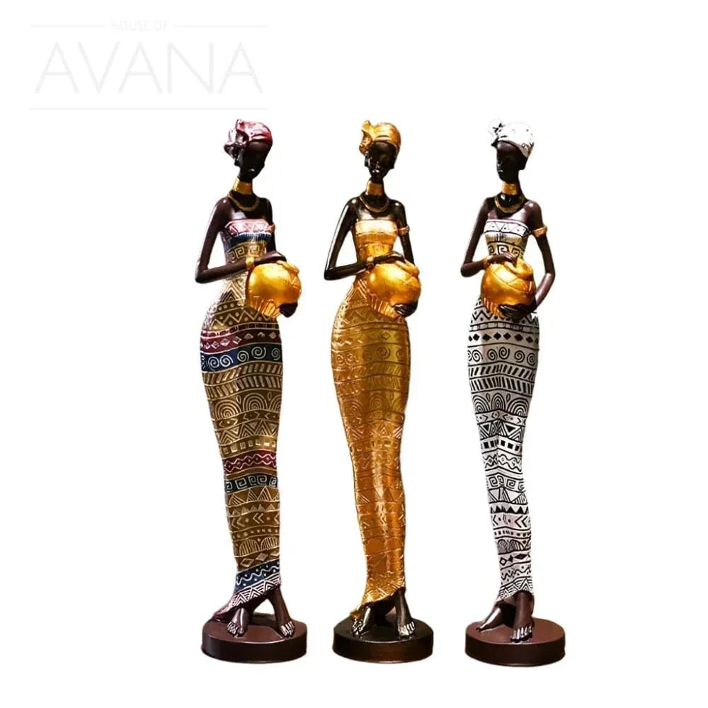 Handcrafted tribal female figurine, wooden décor with intricate carvings - House of Avana