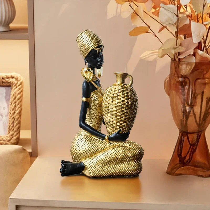 African Tribal Woman Figurines Black Girls Ornament Tabletop Decorative Sculpture Home Decoration Accessories - House of Avana
