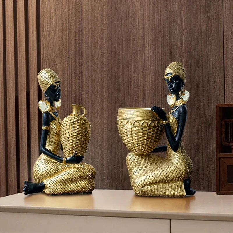 African Tribal Woman Figurines Black Girls Ornament Tabletop Decorative Sculpture Home Decoration Accessories - House of Avana