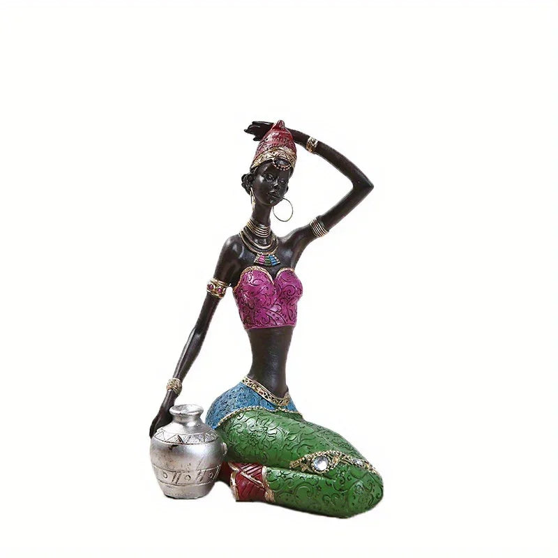 Vibrant clay figurines of African tribal women with pots, colorful ceramic décor - House of Avana