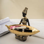 African woman figurine with golden trinket tray, bronze décor - House of Avana