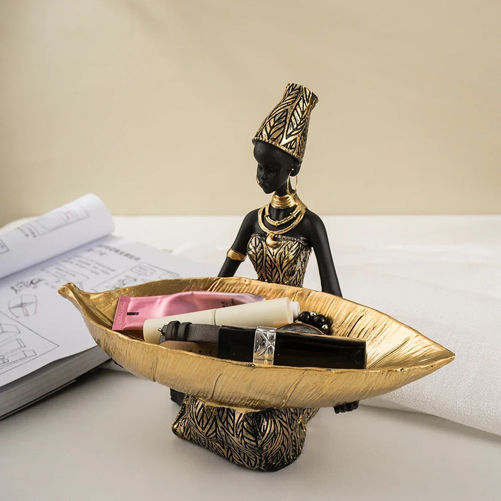 African woman figurine with golden trinket tray, bronze décor - House of Avana