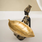 African woman figurine with golden trinket tray, bronze décor - House of Avana