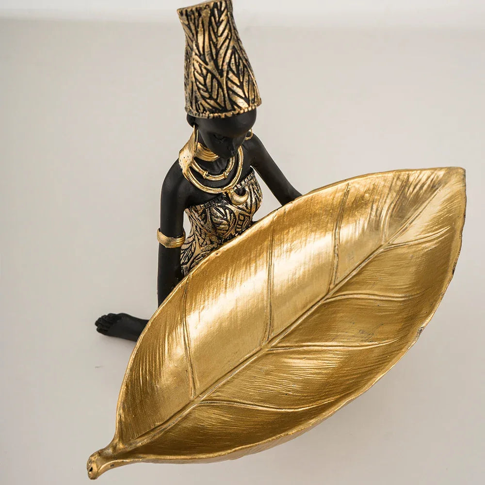 African woman figurine with golden trinket tray, bronze décor - House of Avana