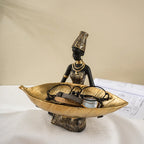 African woman figurine with golden trinket tray, bronze décor - House of Avana