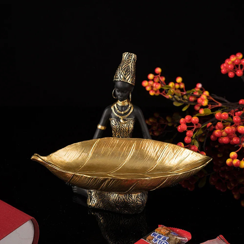 African woman figurine with golden trinket tray, bronze décor - House of Avana