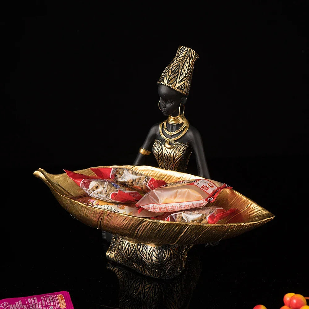 African woman figurine with golden trinket tray, bronze décor - House of Avana