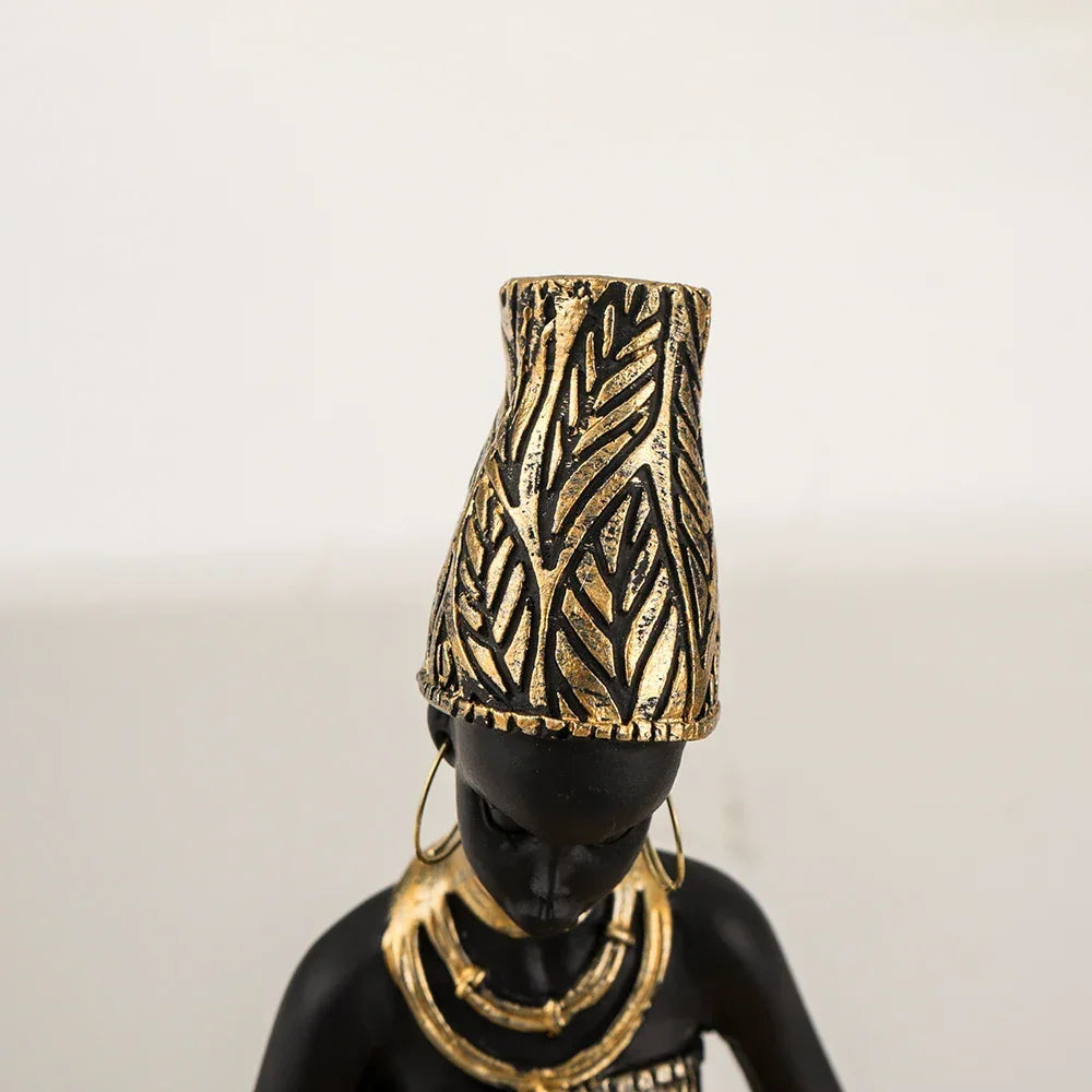 African woman figurine with golden trinket tray, bronze décor - House of Avana