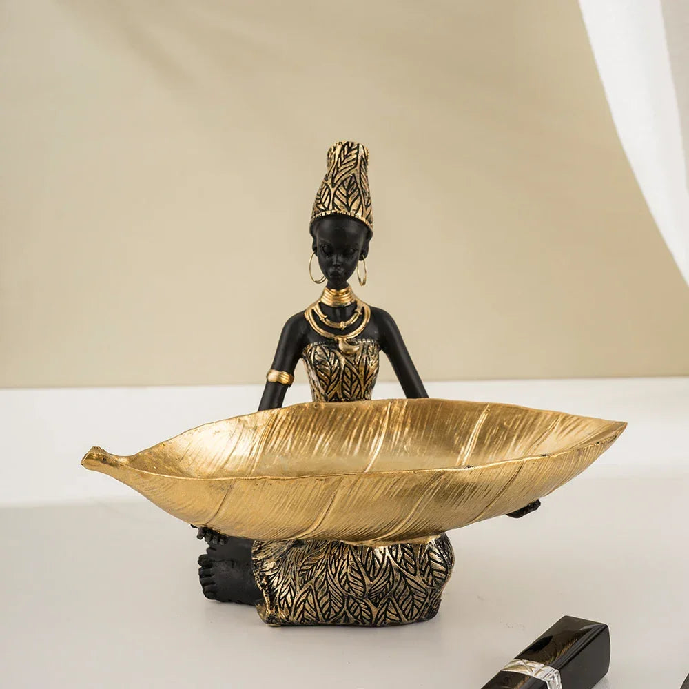 African woman figurine with golden trinket tray, bronze décor - House of Avana