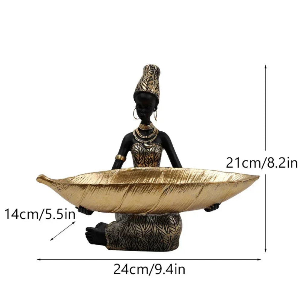 African Woman Figurine with Golden Tray - House Of Avana