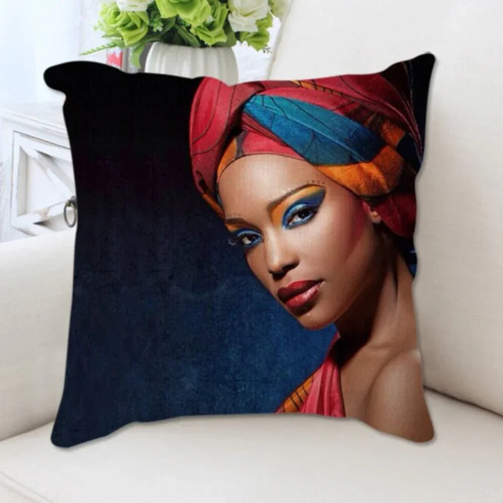Vibrant African woman portrait print on beige linen cushion cover, unique artwork - House of Avana