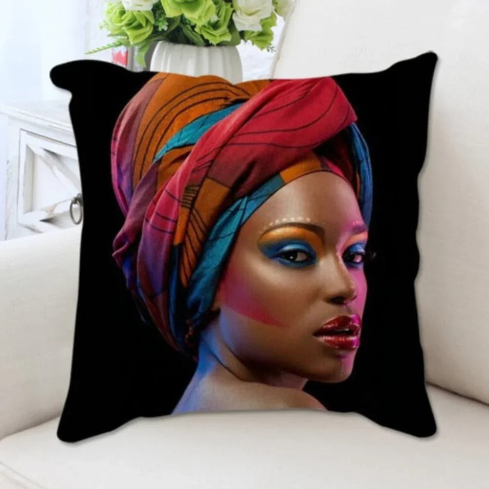 Vibrant African woman portrait print on beige linen cushion cover, unique artwork - House of Avana
