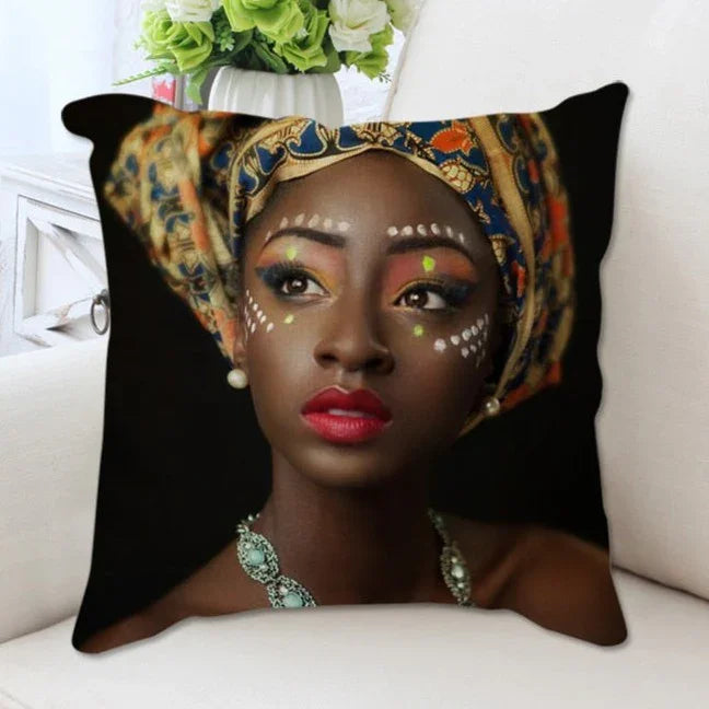 Vibrant African woman portrait print on beige linen cushion cover, unique artwork - House of Avana