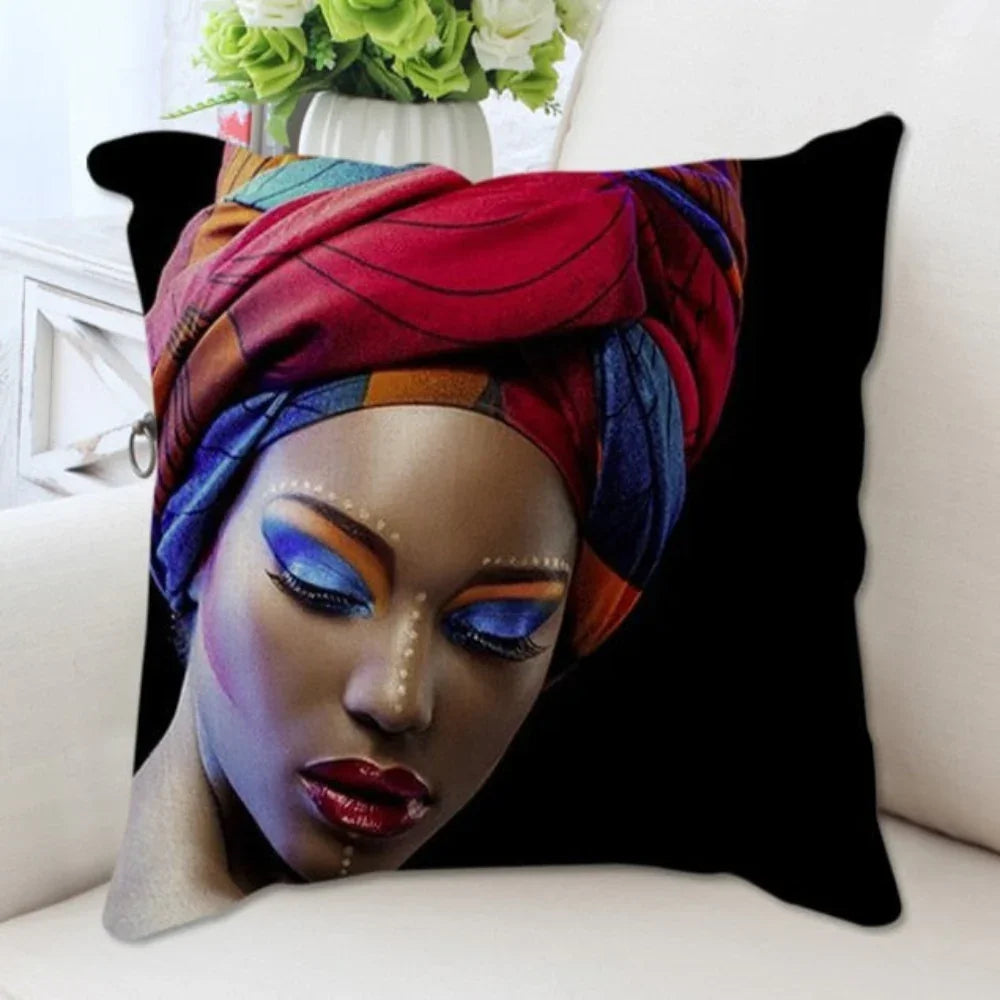Vibrant African woman portrait print on beige linen cushion cover, unique artwork - House of Avana