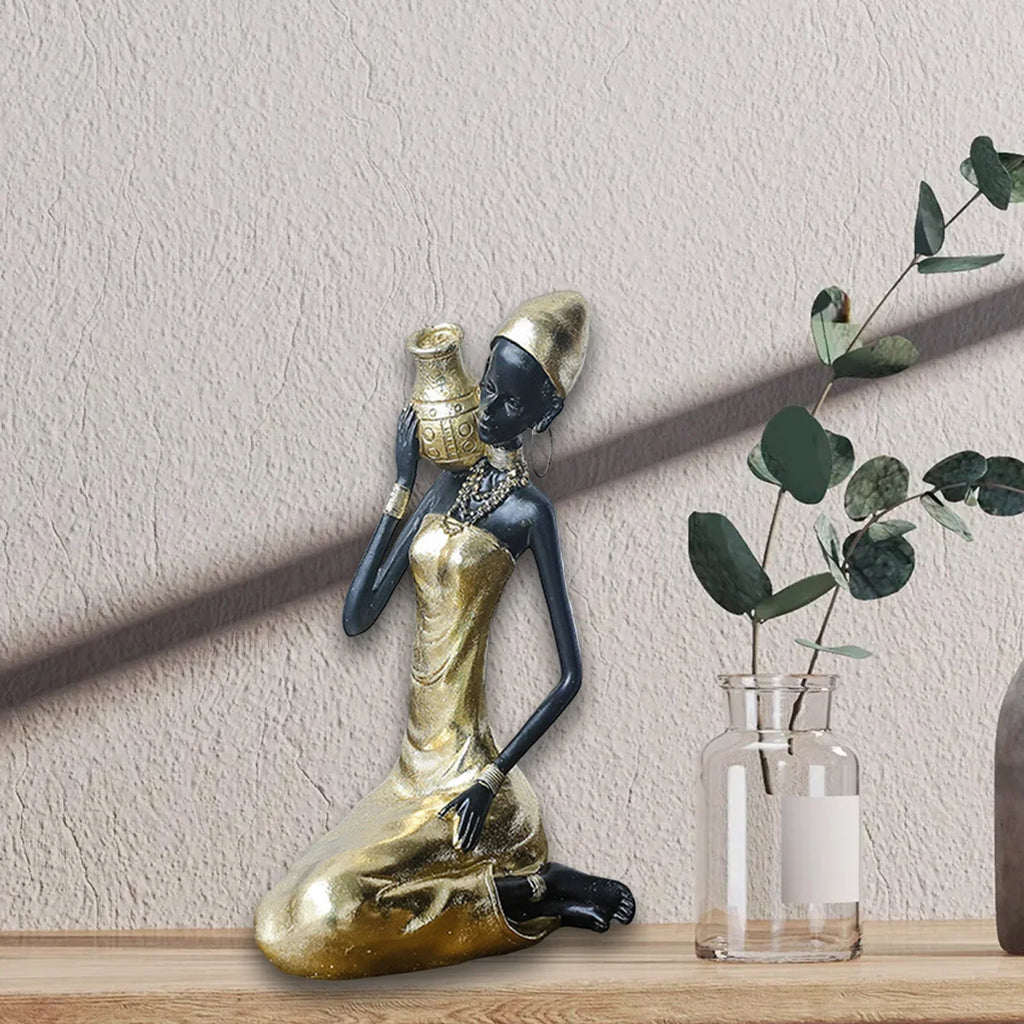 African Woman Statue - Bronze 10in Golden Finish, side view - House Of Avana