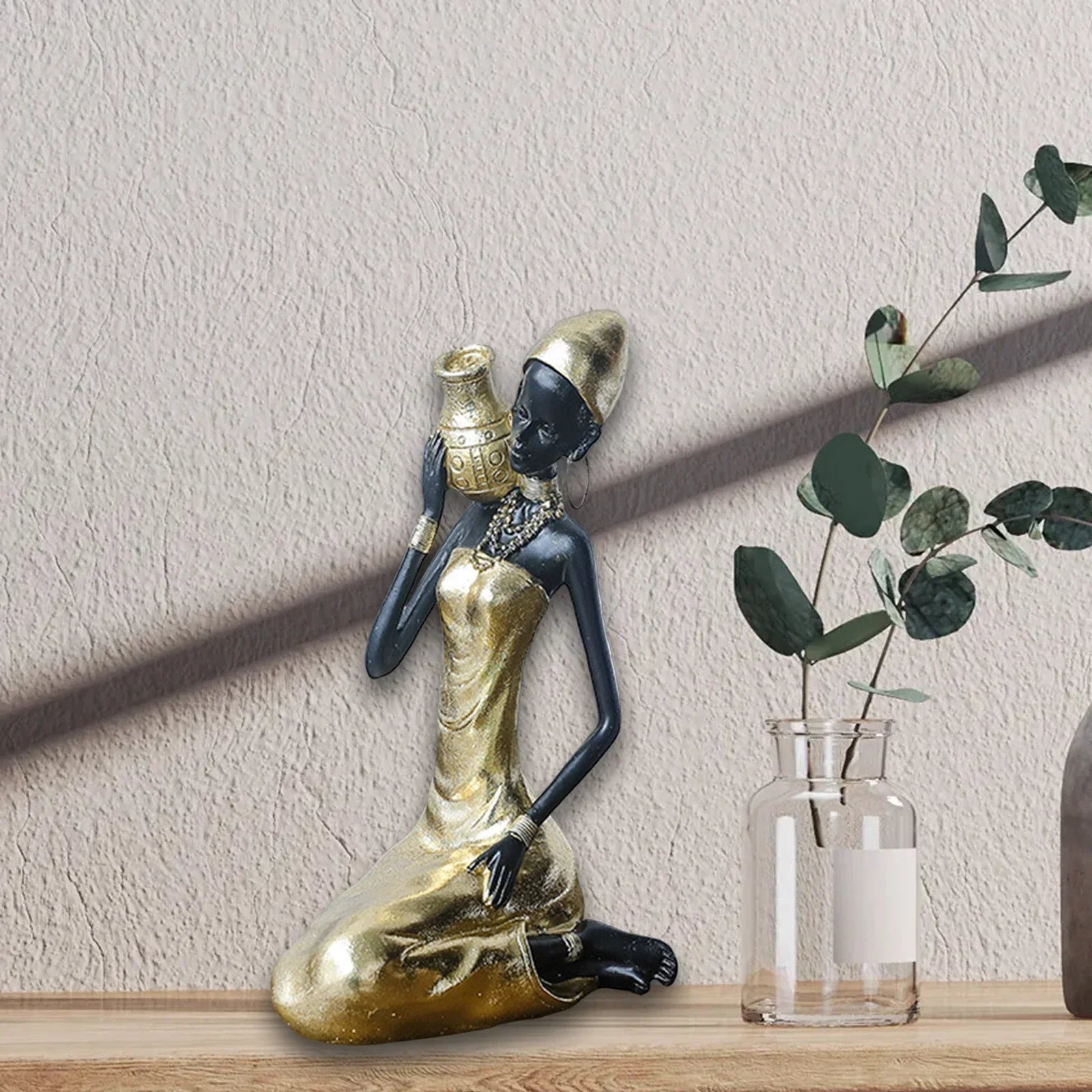 African Woman Statue - Bronze 10in Golden Finish, side view - House Of Avana