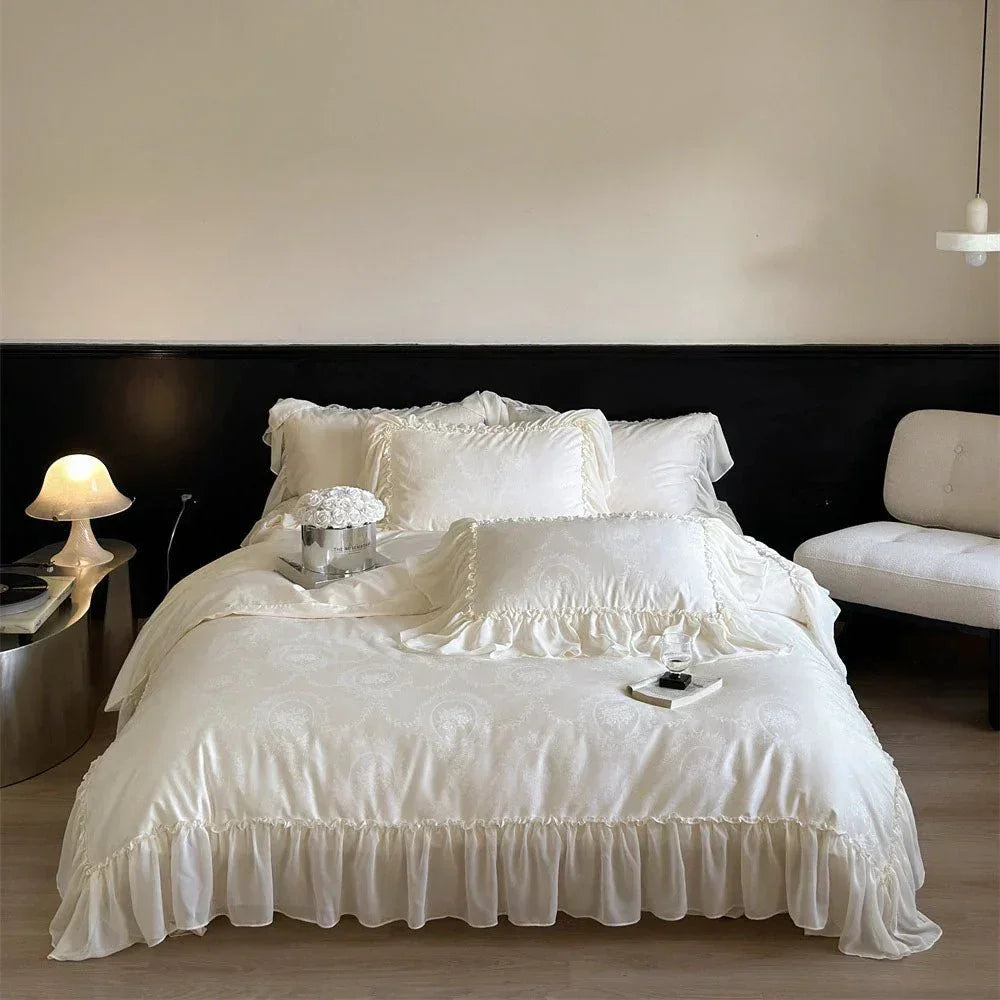 Airy Silky Floral Lace Bedding Set, front view - House Of Avana
