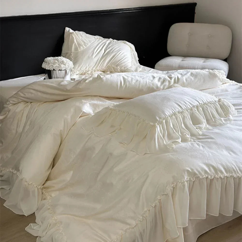 Airy Silky Floral Lace Bedding Set, side view - House Of Avana