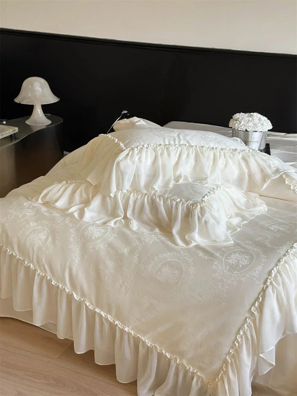 Airy Silky Floral Lace Bedding Set, top view - House Of Avana