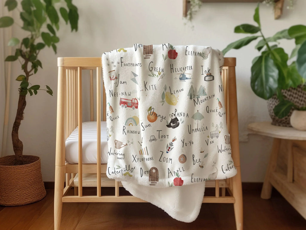 Alphabet - Vintage Baby Blanket, front view - House Of Avana