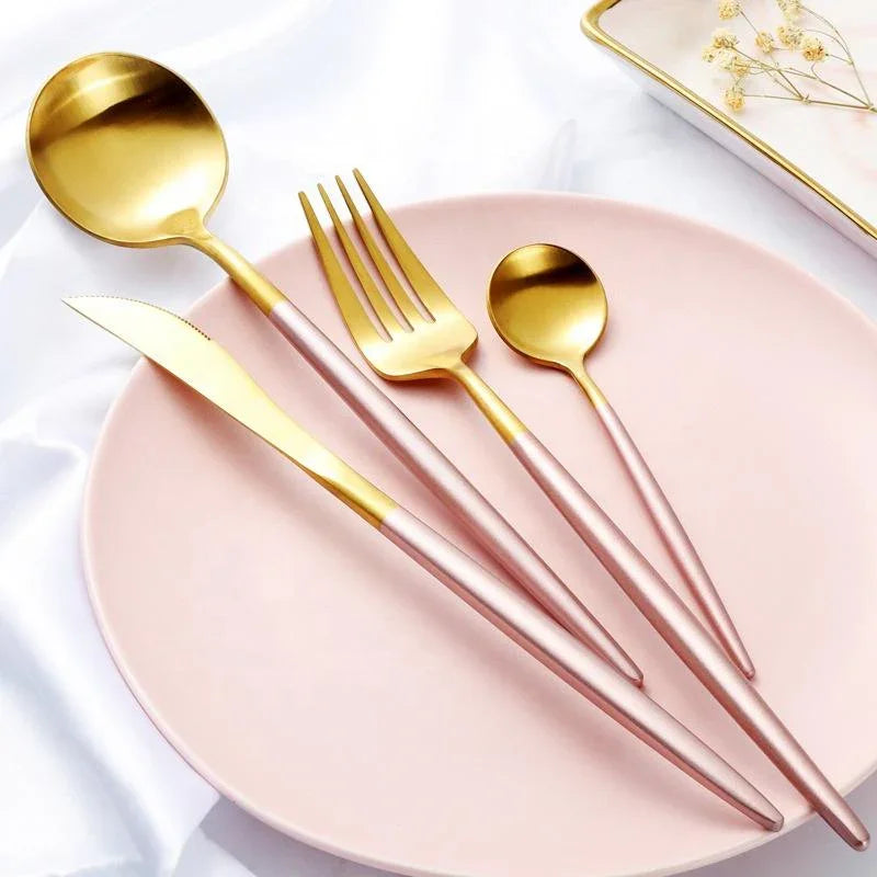 Altin Piece Flatware Set - Pink and Gold, front view - House Of Avana