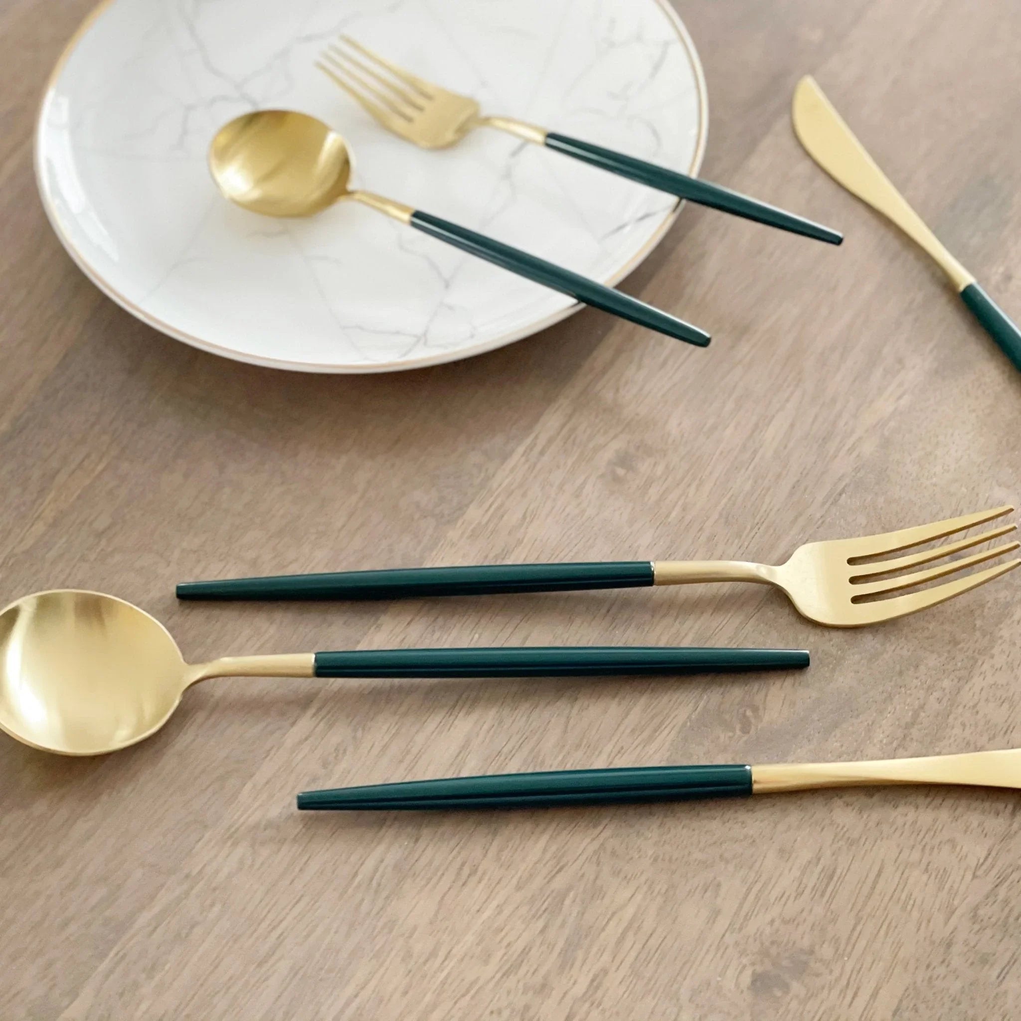 Altin Flatware Set – Forest Green & Brushed Gold, front view - House Of Avana