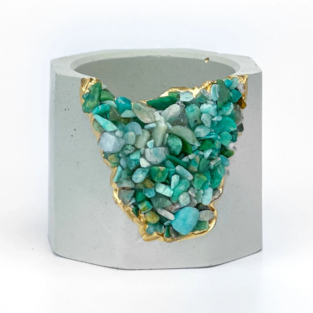 Amazonite Geode Planter Natural Stone Succulent Pot, angled view - House Of Avana