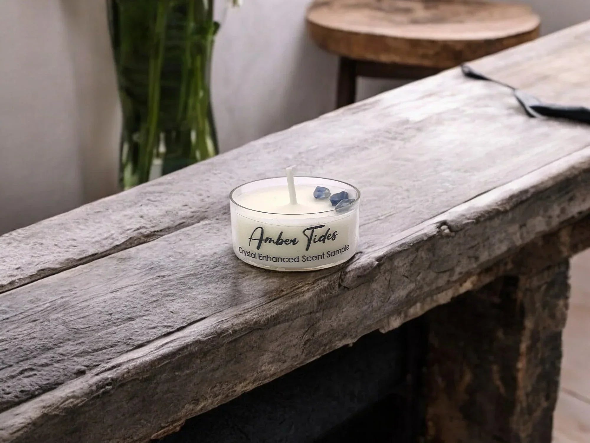 Amber Tides, Premium Coconut-soy Wax Tea Light Crystal Candle, 1oz, side view - House Of Avana