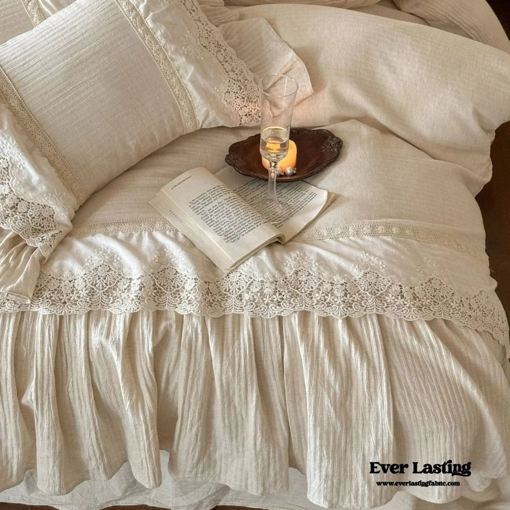 Amelie Lace Embroidered Linen Cotton Bedding Set, back view - House Of Avana