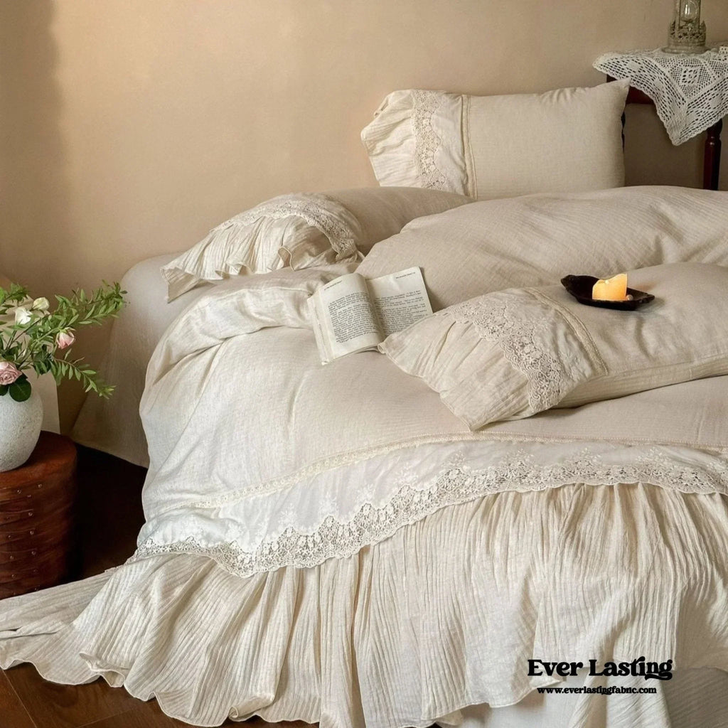 Amelie Lace Embroidered Linen Cotton Bedding Set, side view - House Of Avana