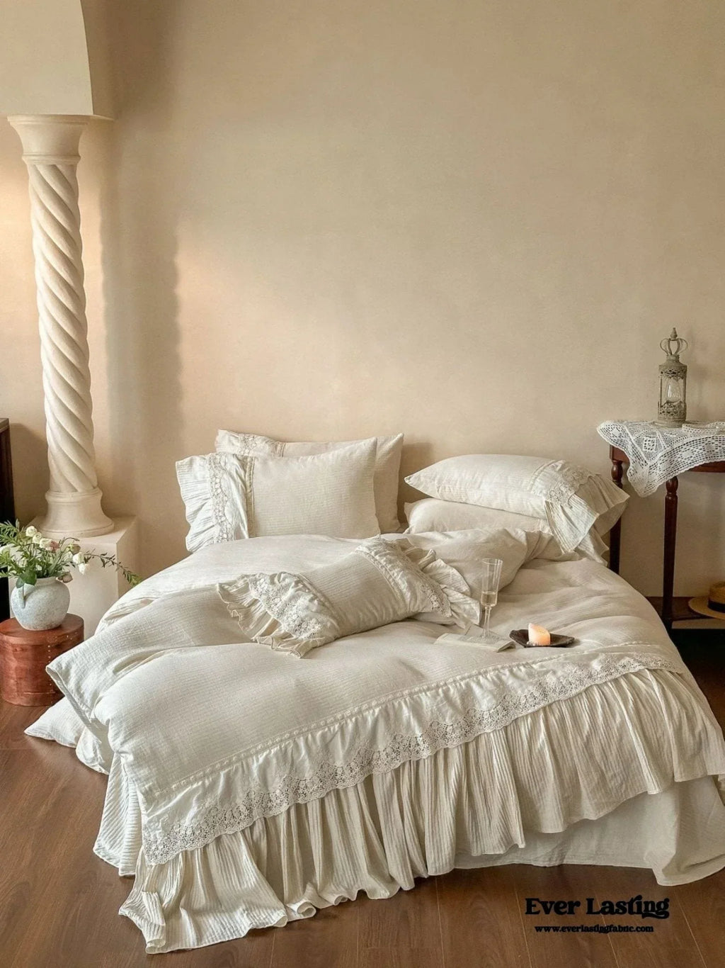 Amelie Lace Embroidered Linen Cotton Bedding Set, angled view - House Of Avana