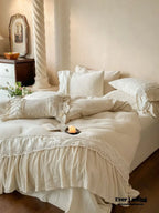 Amelie Lace Embroidered Linen Cotton Bedding Set, angled view - House Of Avana