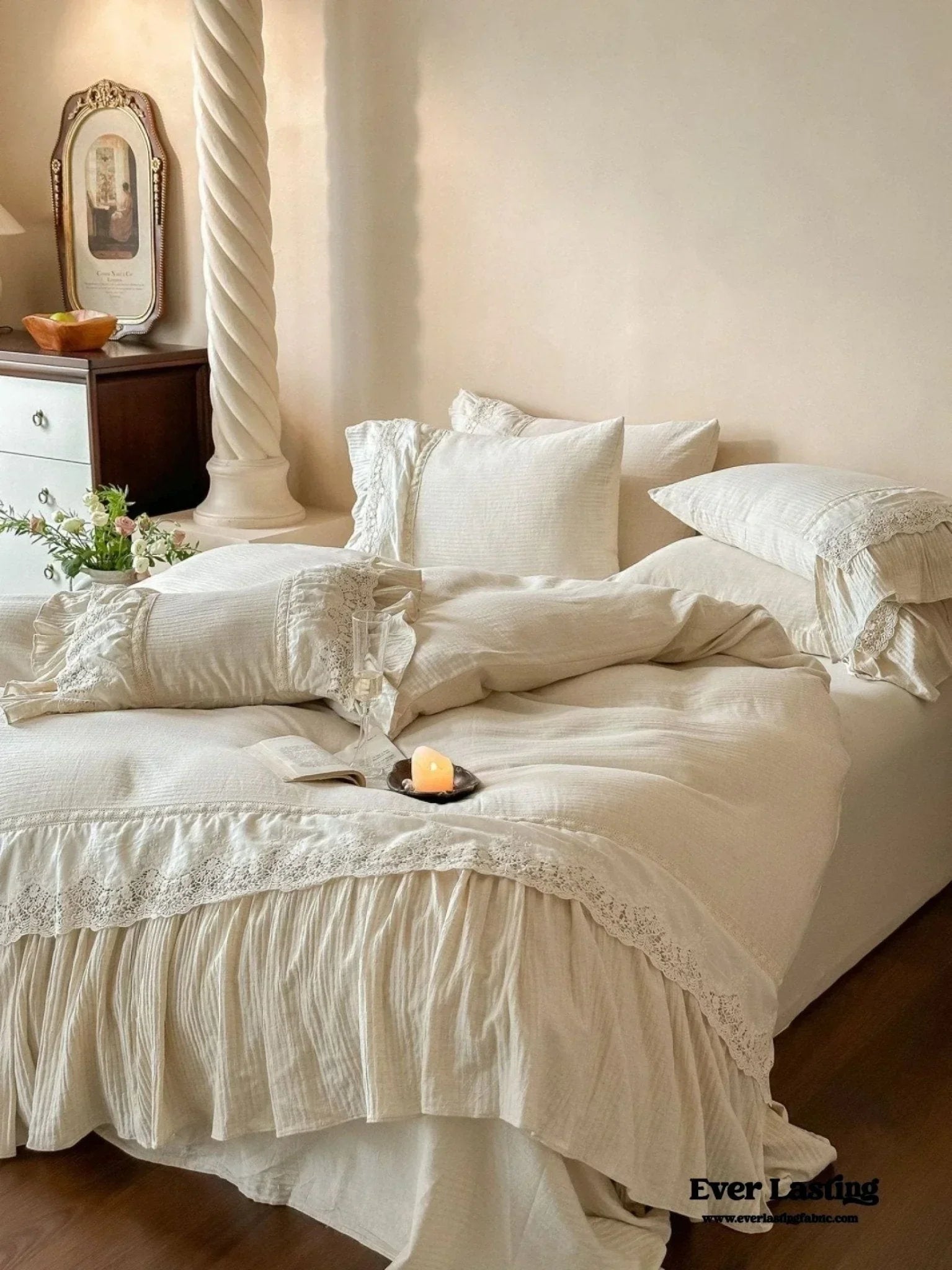 Amelie Lace Embroidered Linen Cotton Bedding Set, angled view - House Of Avana